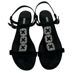 Manolo Blahnik Ottolamod Jeweled Suede T-Strap Flat Sandal In Black Size 9
